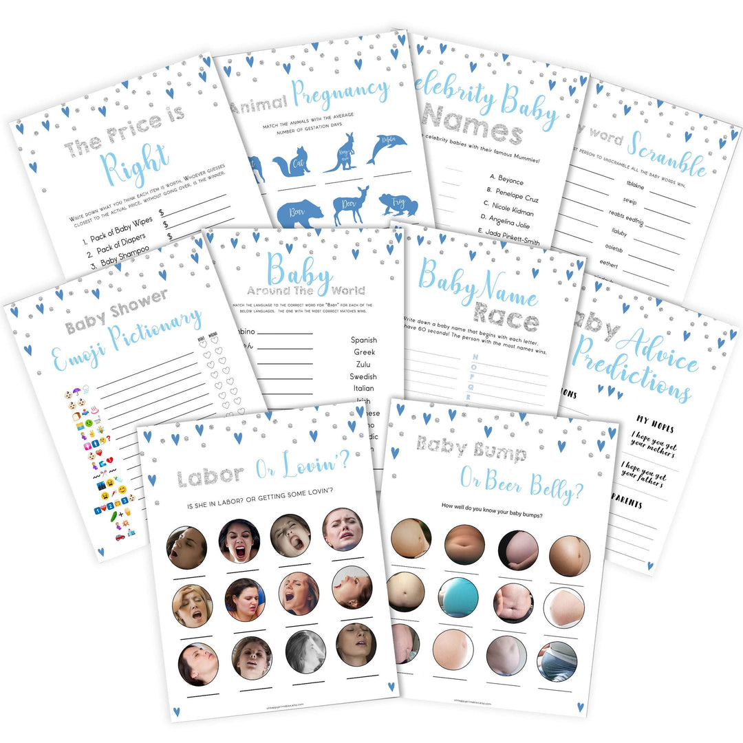 Blue hearts baby games, 10 baby shower games bundle, printable baby games, boy baby games, blue hearts baby shower, top baby games, fun baby games, popular baby games