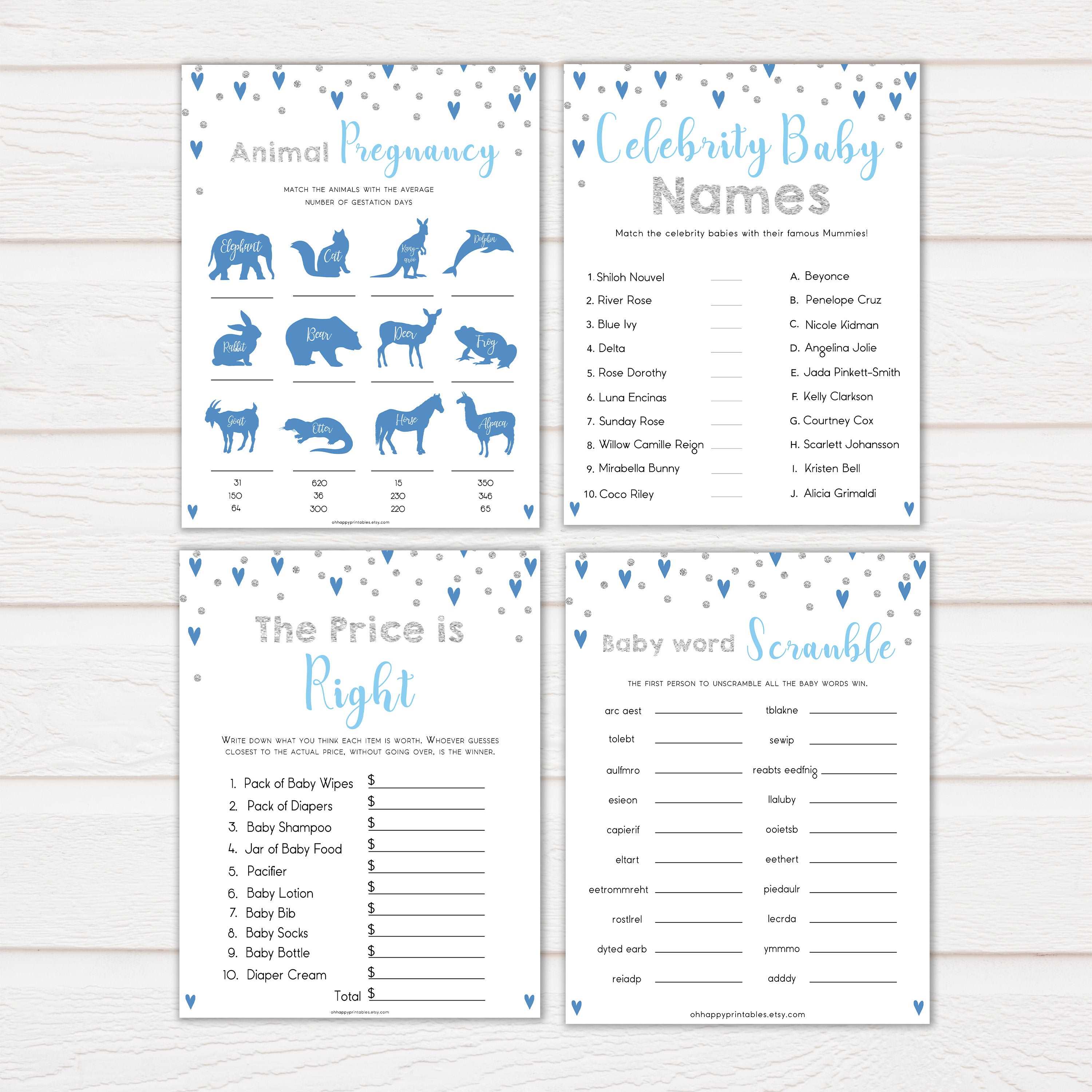 Blue hearts baby games, 10 baby shower games bundle, printable baby games, boy baby games, blue hearts baby shower, top baby games, fun baby games, popular baby games