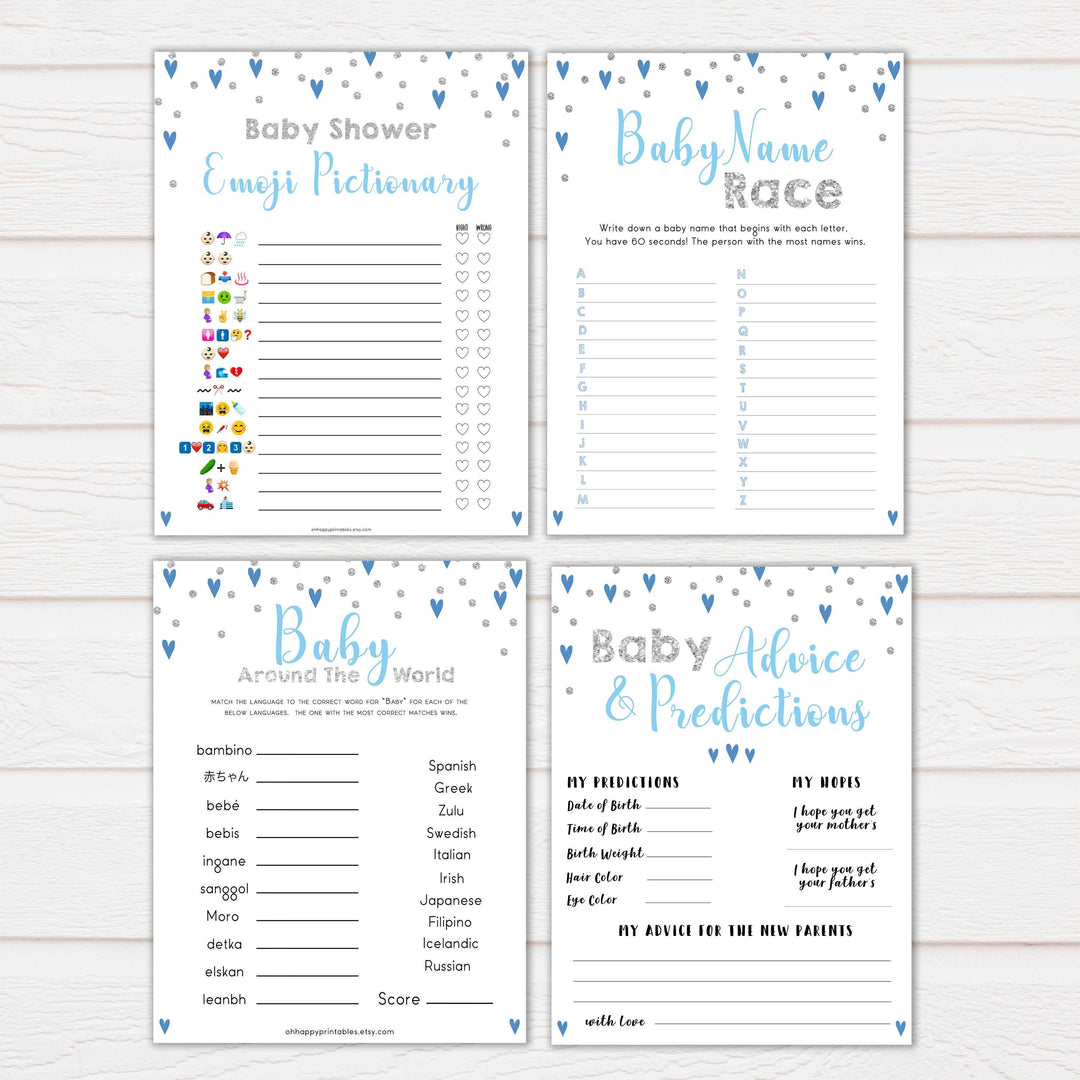 Blue hearts baby games, 10 baby shower games bundle, printable baby games, boy baby games, blue hearts baby shower, top baby games, fun baby games, popular baby games