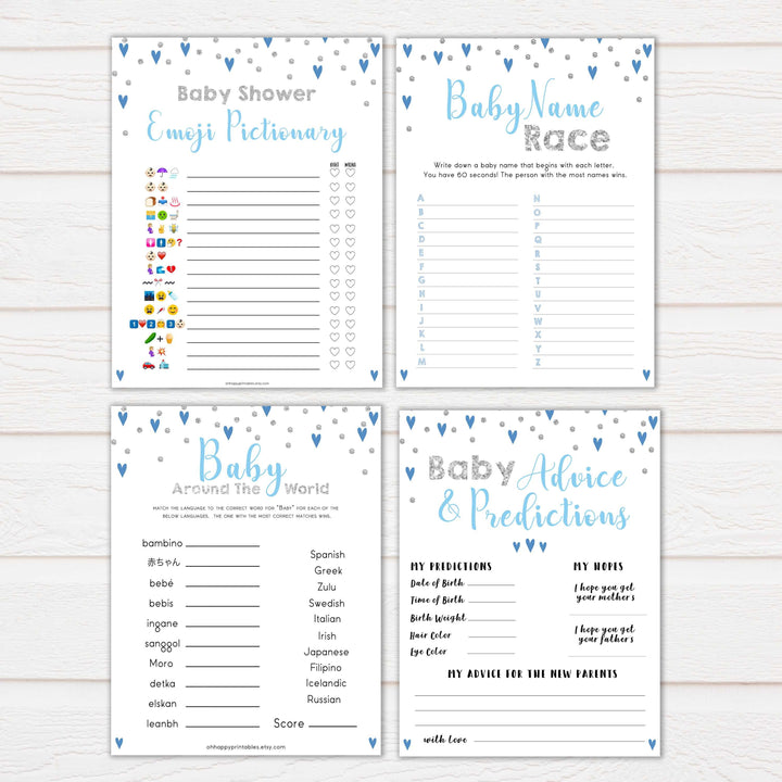 Blue hearts baby games, 10 baby shower games bundle, printable baby games, boy baby games, blue hearts baby shower, top baby games, fun baby games, popular baby games