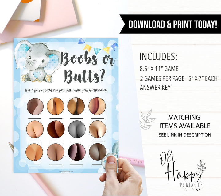 Blue elephant baby games, boobs or butts, elephant baby games, printable baby games, top baby games, best baby shower games, baby shower ideas, fun baby games, elephant baby shower