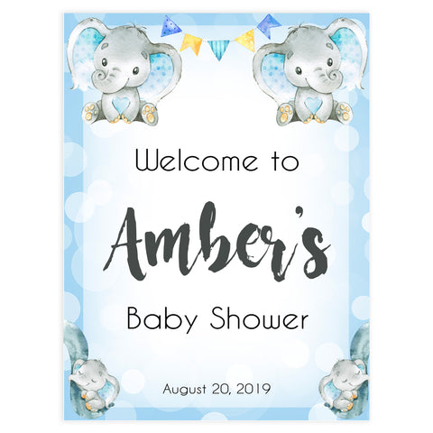 baby shower welcome signs, printable baby shower welcome sign, blue elephant baby shower, elephant baby games,