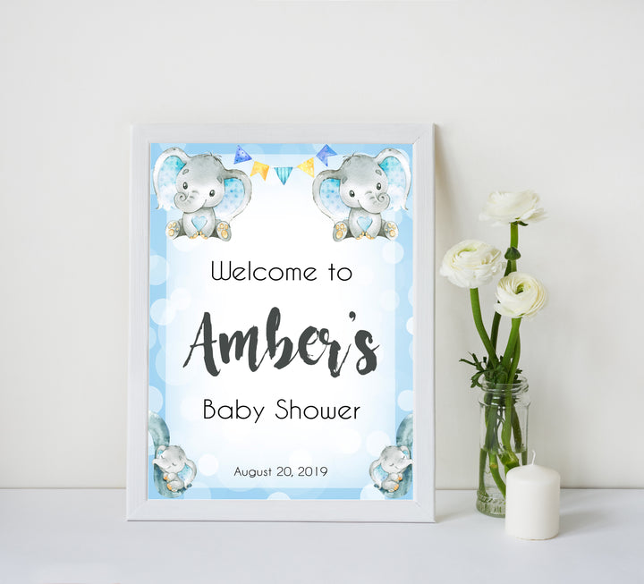 baby shower welcome signs, printable baby shower welcome sign, blue elephant baby shower, elephant baby games,