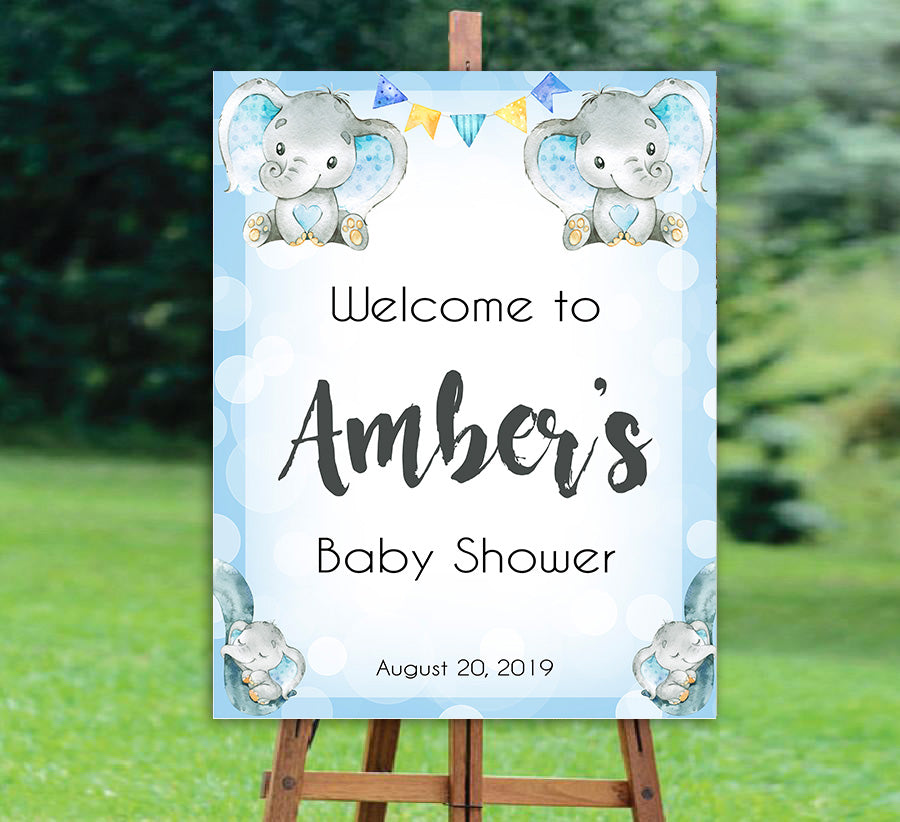 baby shower welcome signs, printable baby shower welcome sign, blue elephant baby shower, elephant baby games,