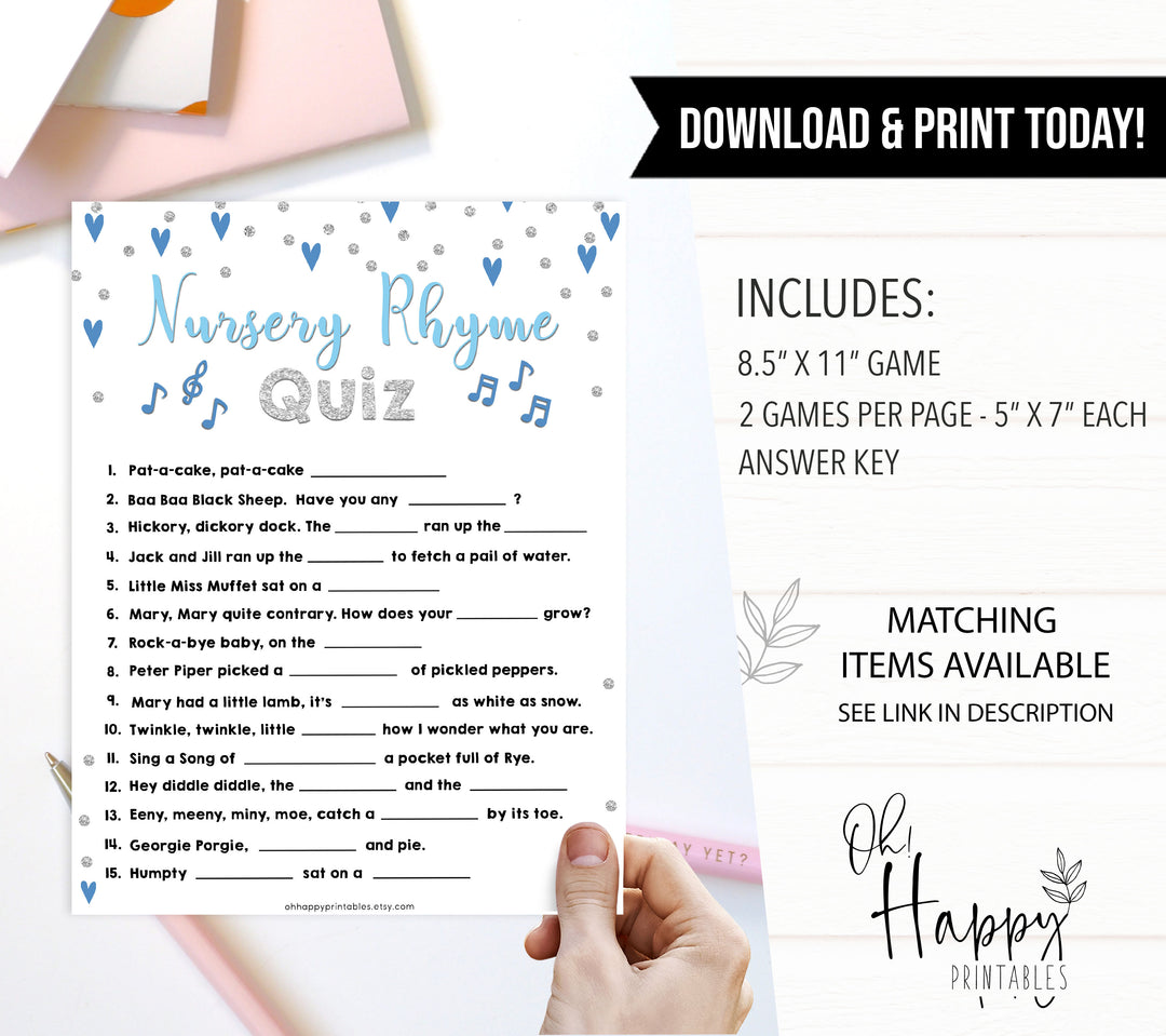 nursery rhyme quiz game, baby nursery rhyme game, Printable baby shower games, small blue hearts fun baby games, baby shower games, fun baby shower ideas, top baby shower ideas, silver baby shower, blue hearts baby shower ideas