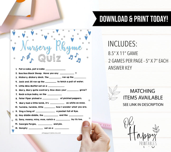 nursery rhyme quiz game, baby nursery rhyme game, Printable baby shower games, small blue hearts fun baby games, baby shower games, fun baby shower ideas, top baby shower ideas, silver baby shower, blue hearts baby shower ideas