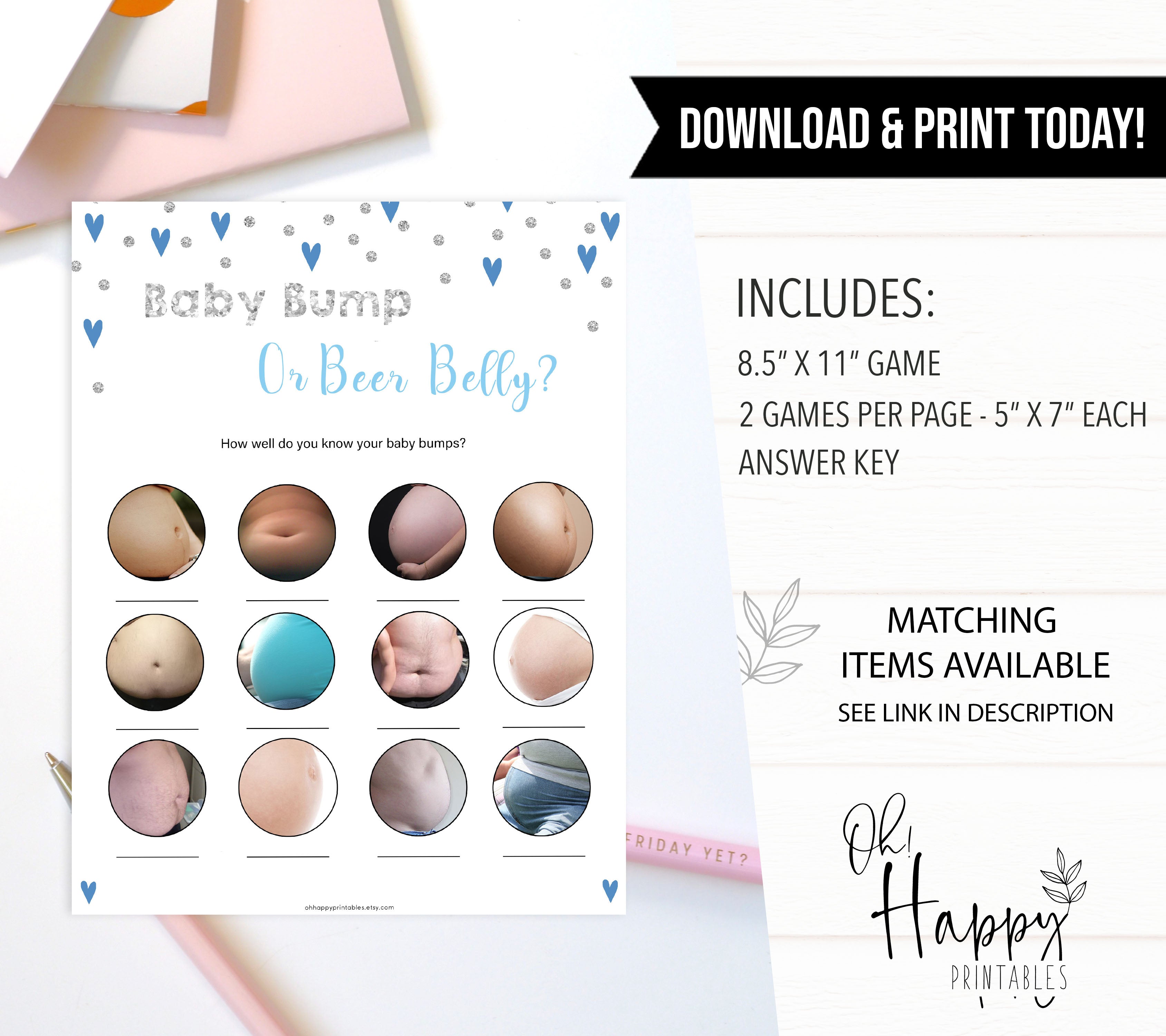 Blue hearts baby games, baby bump or beer belly, printable baby games, boy baby games, blue hearts baby shower, top baby games, fun baby games, popular baby games