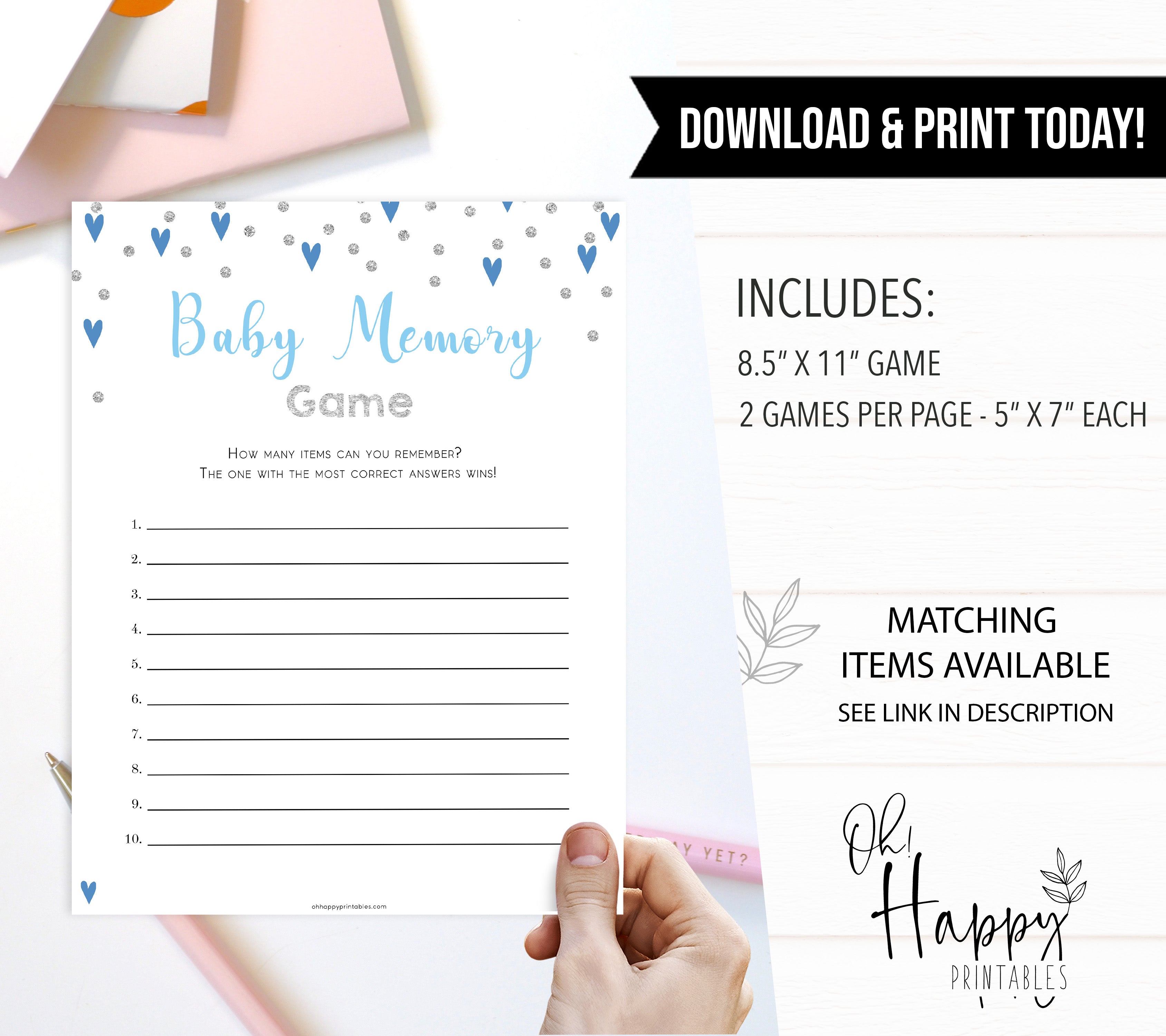 baby memory game, Printable baby shower games, small blue hearts fun baby games, baby shower games, fun baby shower ideas, top baby shower ideas, silver baby shower, blue hearts baby shower ideas