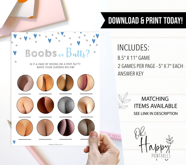 Boobs or butts baby shower game, Printable baby shower games, small blue hearts fun baby games, baby shower games, fun baby shower ideas, top baby shower ideas, silver baby shower, blue hearts baby shower ideas