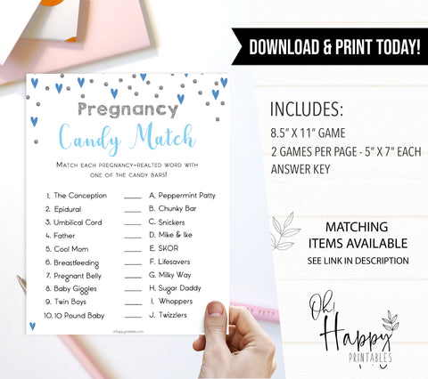 pregnancy candy match, Printable baby shower games, small blue hearts fun baby games, baby shower games, fun baby shower ideas, top baby shower ideas, silver baby shower, blue hearts baby shower ideas
