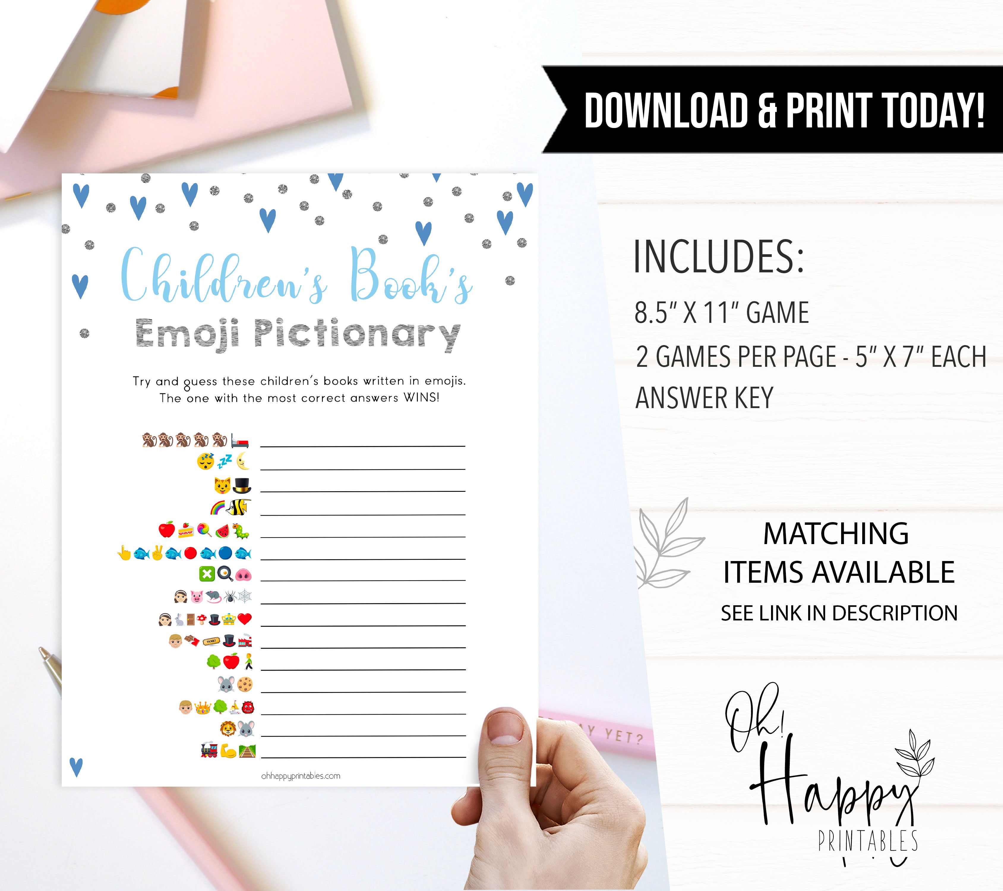 childrens books emoji pictionary game, Printable baby shower games, small blue hearts fun baby games, baby shower games, fun baby shower ideas, top baby shower ideas, silver baby shower, blue hearts baby shower ideas