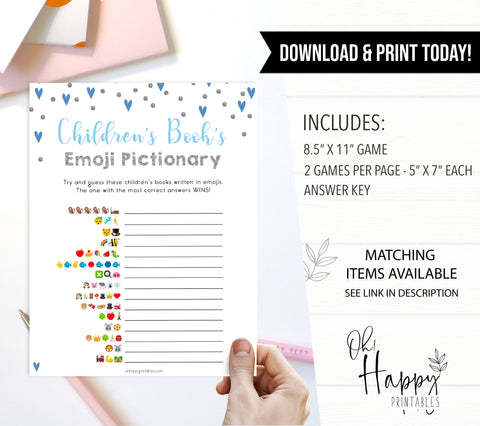 childrens books emoji pictionary game, Printable baby shower games, small blue hearts fun baby games, baby shower games, fun baby shower ideas, top baby shower ideas, silver baby shower, blue hearts baby shower ideas