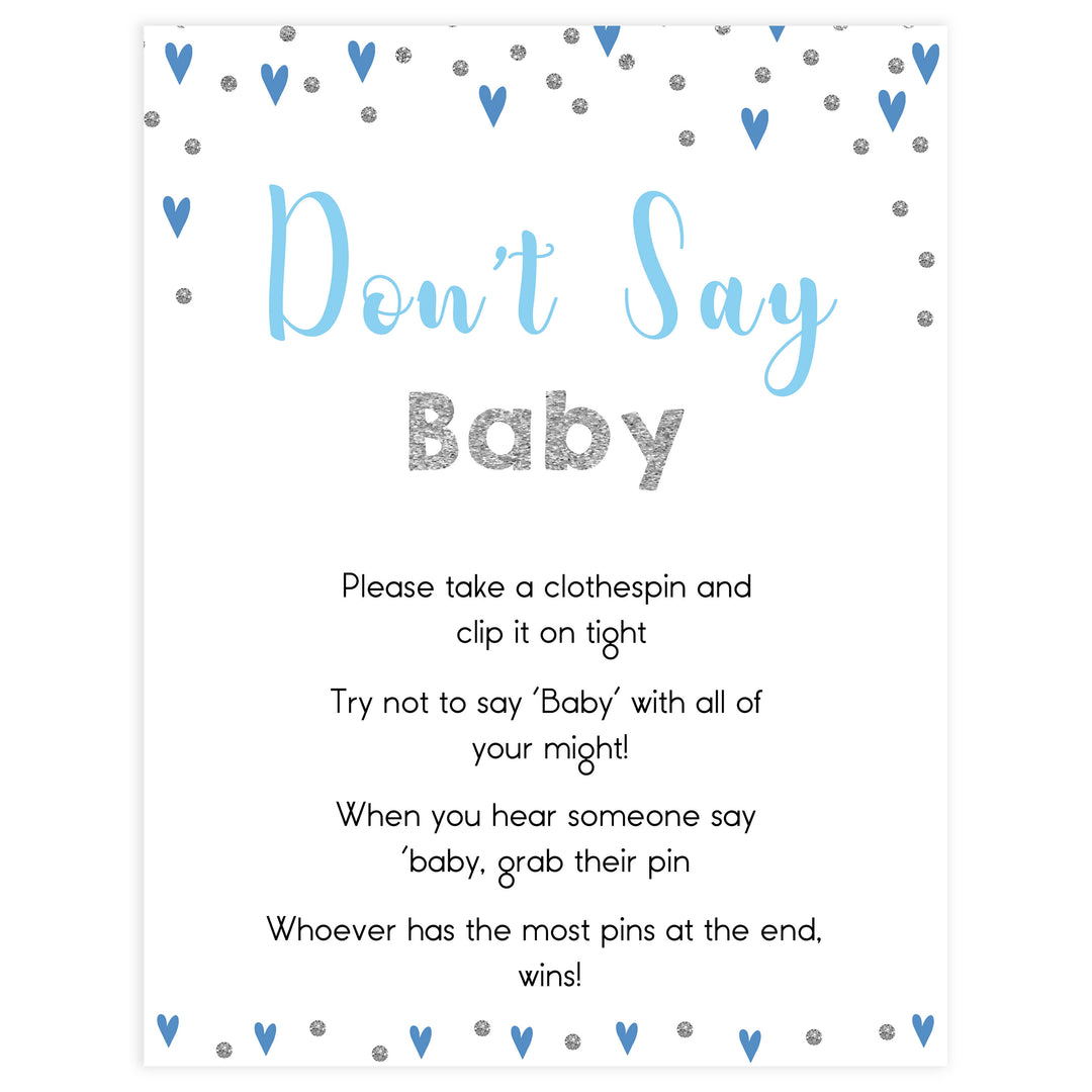 Don't say baby game, baby clothes pin game, Printable baby shower games, small blue hearts fun baby games, baby shower games, fun baby shower ideas, top baby shower ideas, silver baby shower, blue hearts baby shower ideas