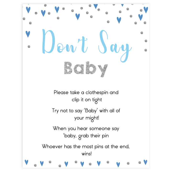 Don't say baby game, baby clothes pin game, Printable baby shower games, small blue hearts fun baby games, baby shower games, fun baby shower ideas, top baby shower ideas, silver baby shower, blue hearts baby shower ideas