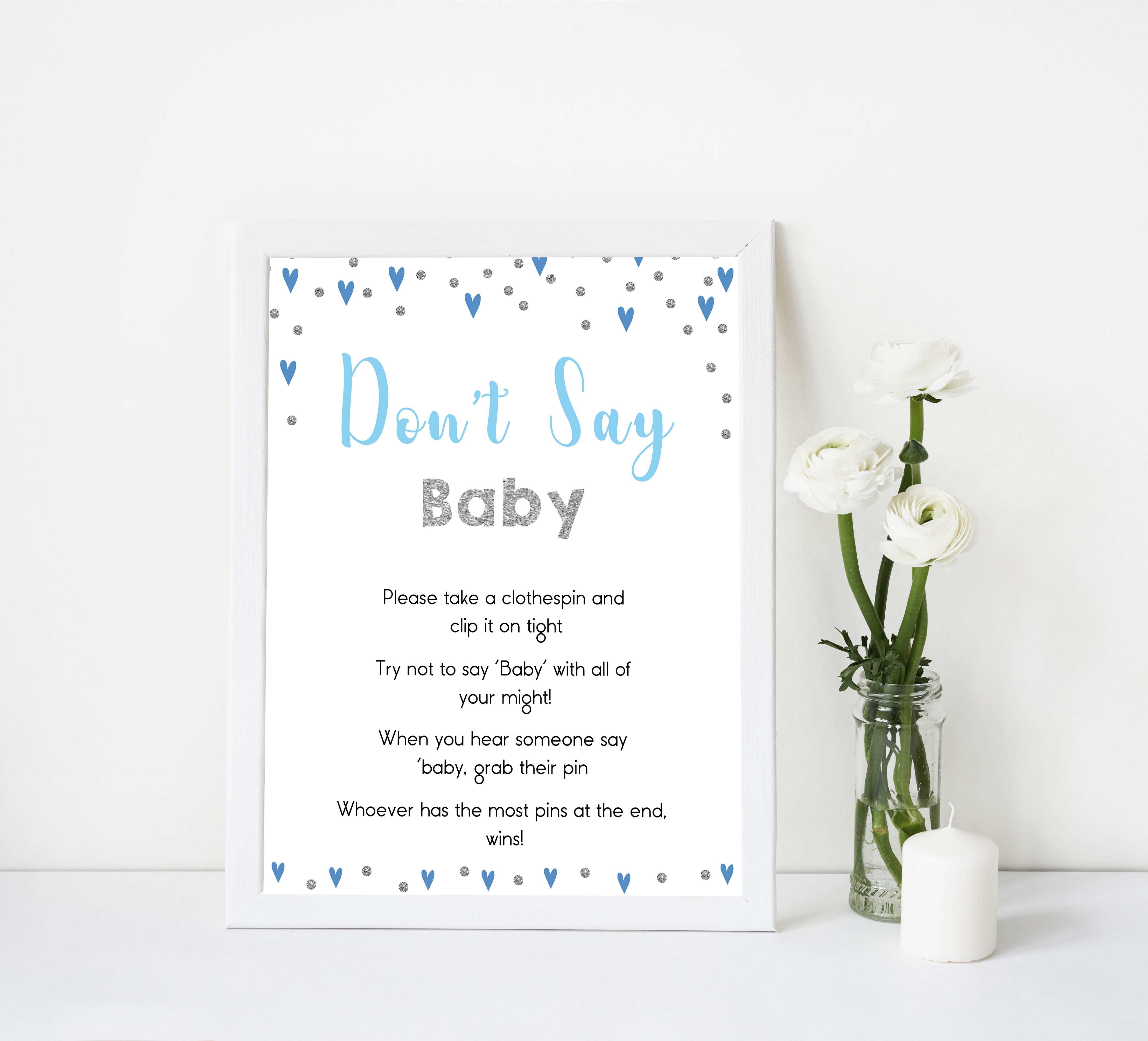 Don't say baby game, baby clothes pin game, Printable baby shower games, small blue hearts fun baby games, baby shower games, fun baby shower ideas, top baby shower ideas, silver baby shower, blue hearts baby shower ideas