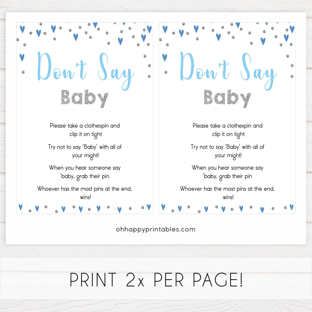 Don't say baby game, baby clothes pin game, Printable baby shower games, small blue hearts fun baby games, baby shower games, fun baby shower ideas, top baby shower ideas, silver baby shower, blue hearts baby shower ideas