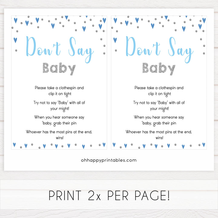 Don't say baby game, baby clothes pin game, Printable baby shower games, small blue hearts fun baby games, baby shower games, fun baby shower ideas, top baby shower ideas, silver baby shower, blue hearts baby shower ideas