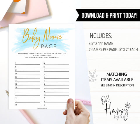 Blue swash, baby name race baby games, baby shower games, printable baby games, fun baby games, boy baby shower games, baby games, fun baby shower ideas, baby shower ideas