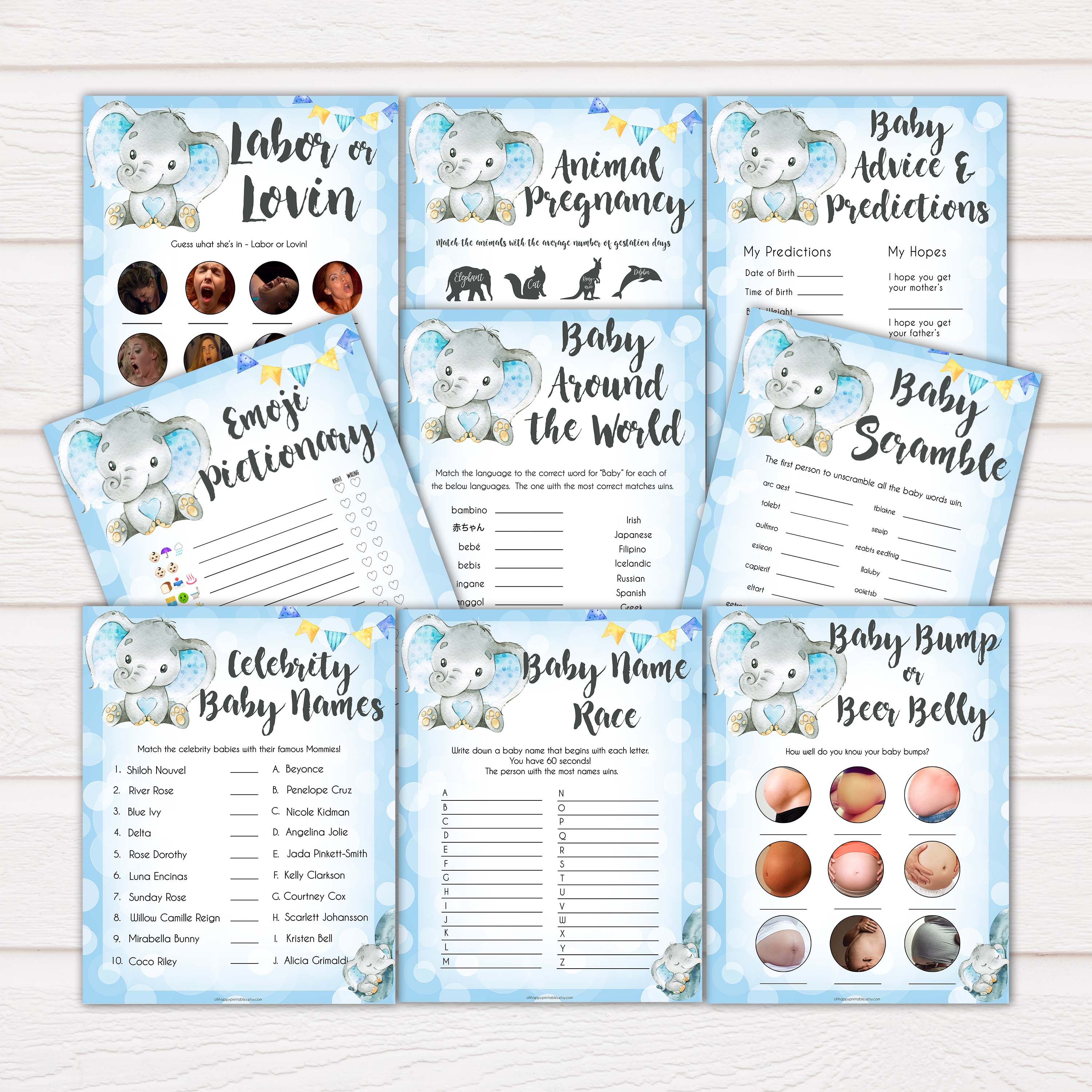 9 blue elephant baby shower games, baby shower games, baby games, baby shower ideas, its a boy baby games