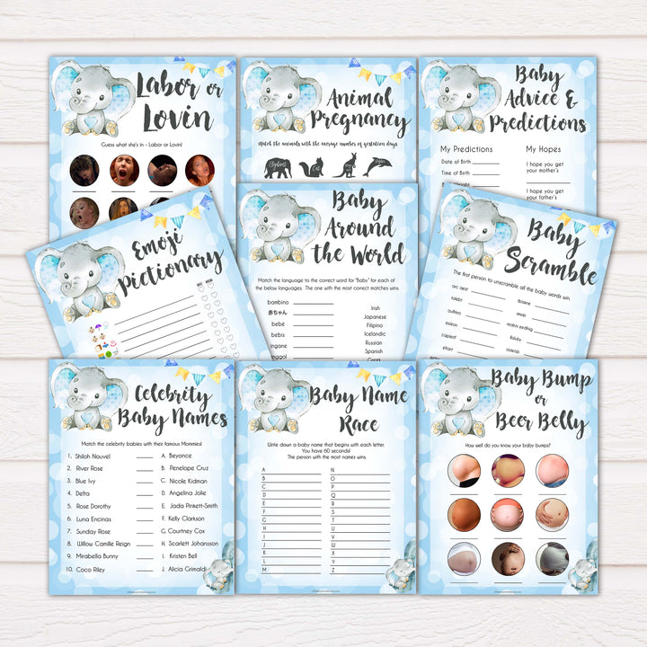 9 blue elephant baby shower games, baby shower games, baby games, baby shower ideas, its a boy baby games