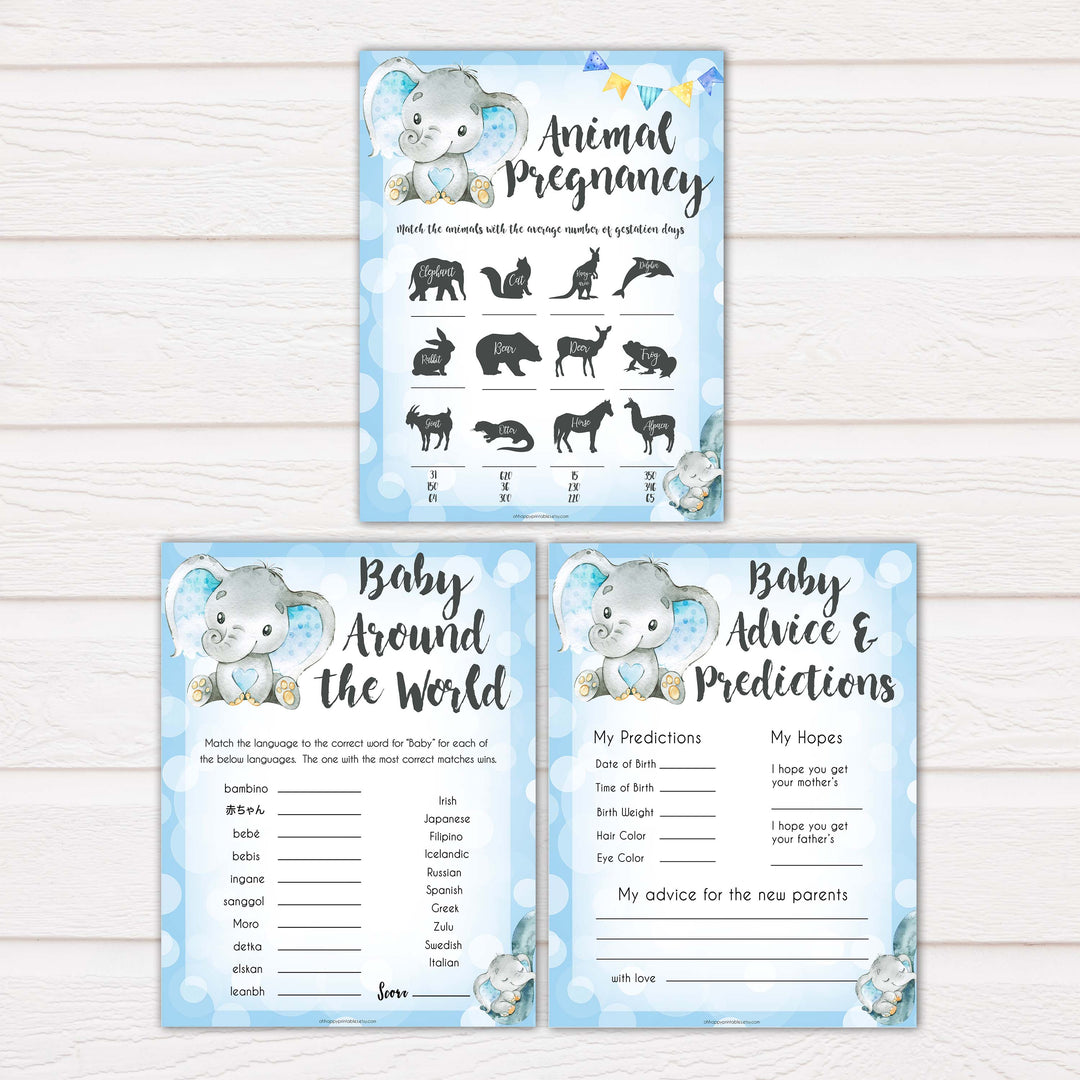 9 blue elephant baby shower games, baby shower games, baby games, baby shower ideas, its a boy baby games