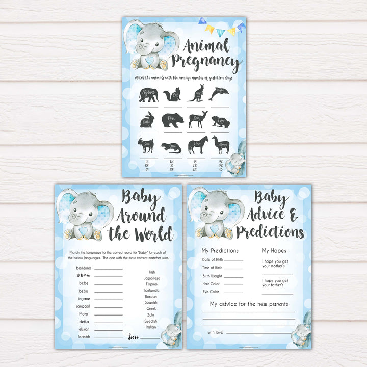 9 blue elephant baby shower games, baby shower games, baby games, baby shower ideas, its a boy baby games