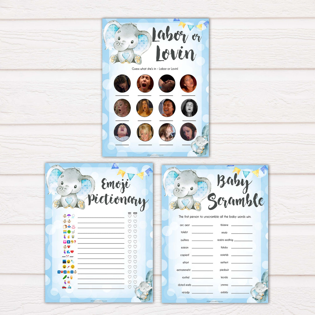9 blue elephant baby shower games, baby shower games, baby games, baby shower ideas, its a boy baby games