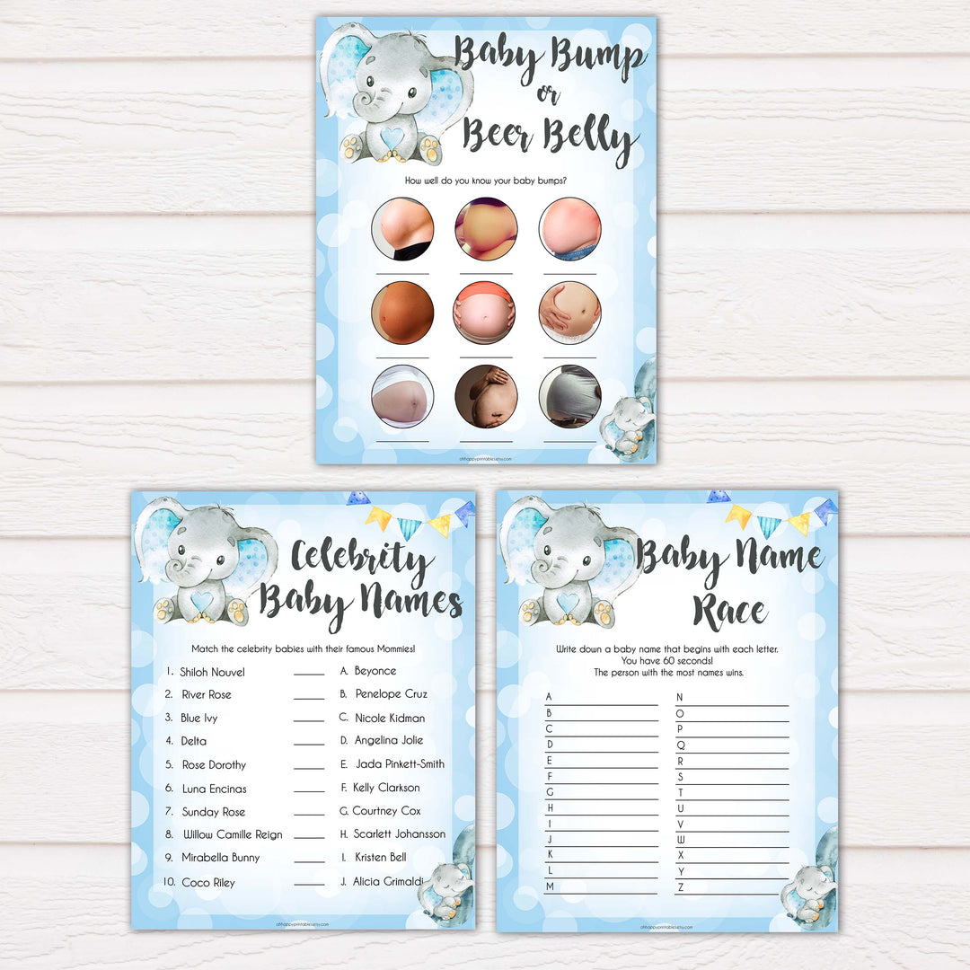 9 blue elephant baby shower games, baby shower games, baby games, baby shower ideas, its a boy baby games