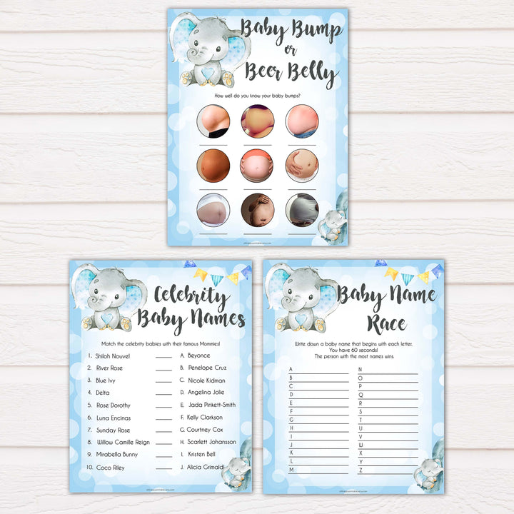 9 blue elephant baby shower games, baby shower games, baby games, baby shower ideas, its a boy baby games