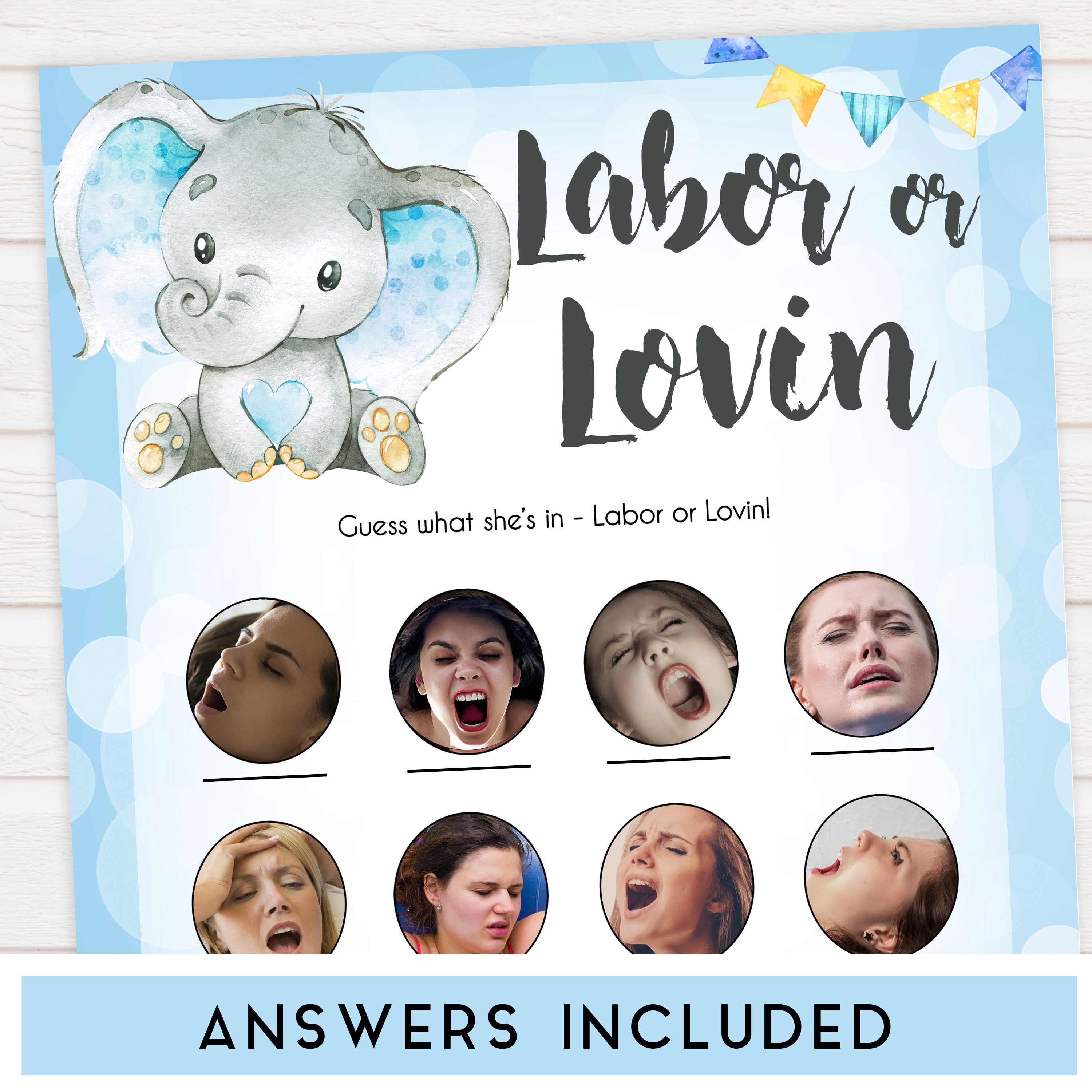 Blue elephant baby games, labour or lovin, labor or porn, elephant baby games, printable baby games, top baby games, best baby shower games, baby shower ideas, fun baby games, elephant baby shower