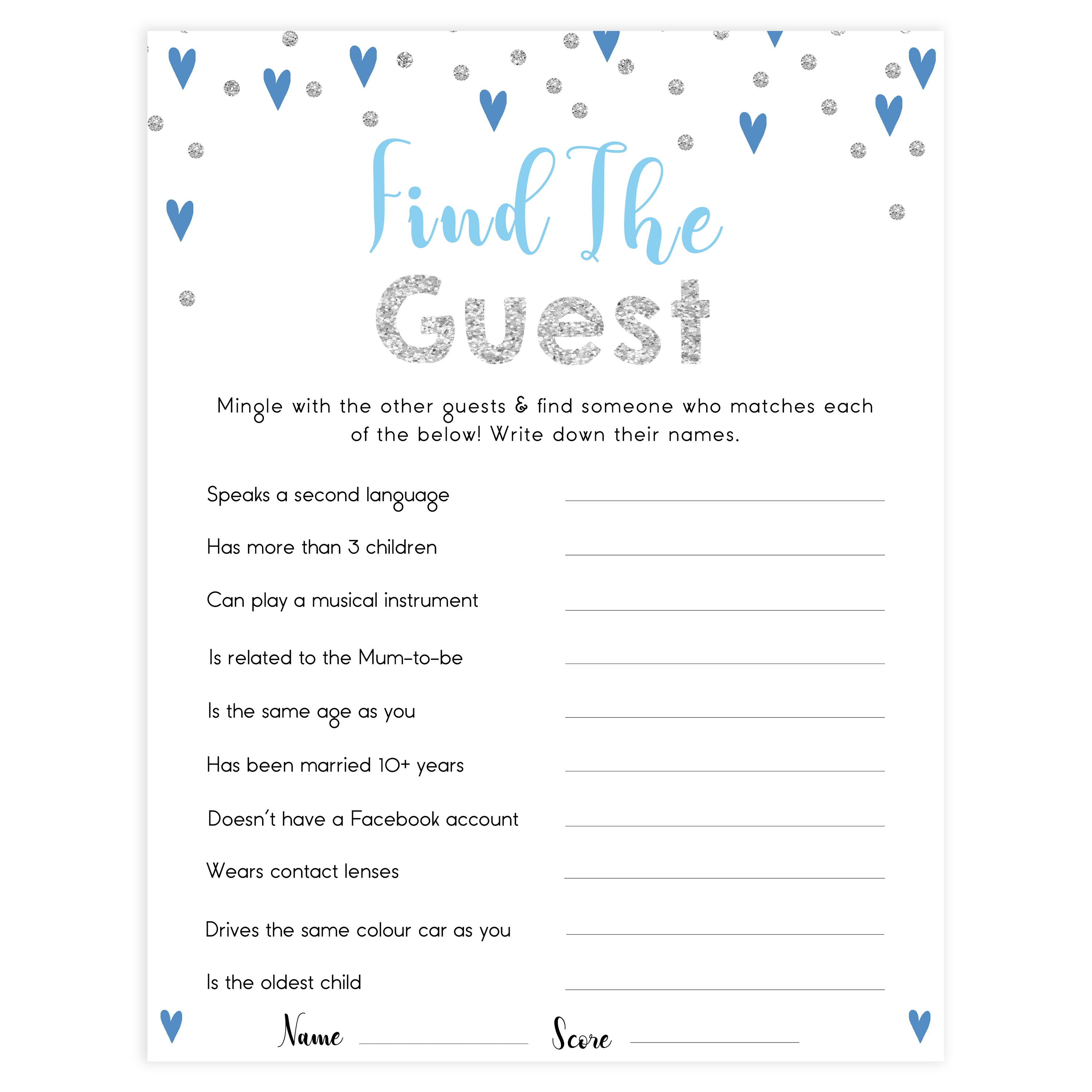 find the guest baby game, Printable baby shower games, small blue hearts fun baby games, baby shower games, fun baby shower ideas, top baby shower ideas, silver baby shower, blue hearts baby shower ideas
