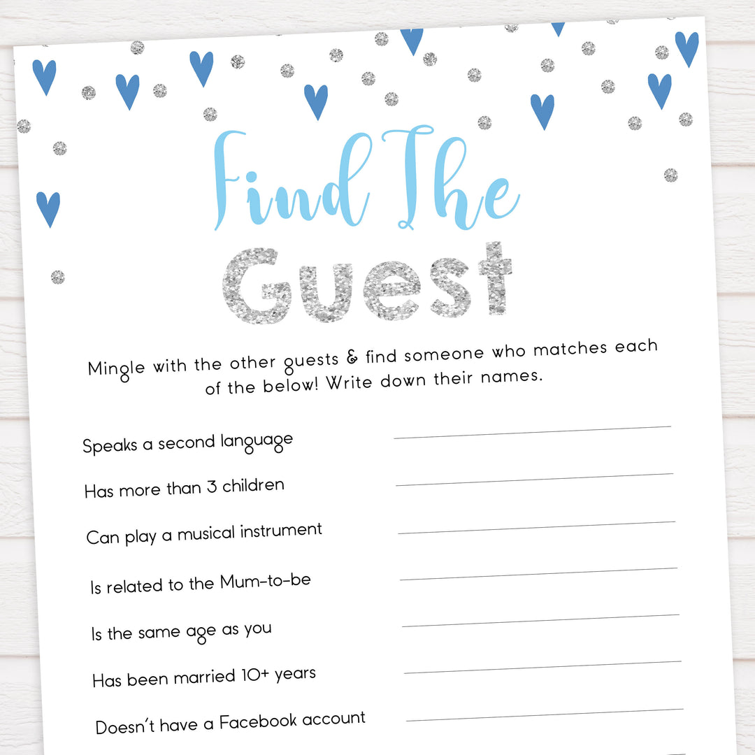 find the guest baby game, Printable baby shower games, small blue hearts fun baby games, baby shower games, fun baby shower ideas, top baby shower ideas, silver baby shower, blue hearts baby shower ideas