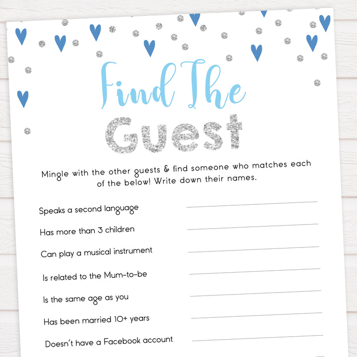 find the guest baby game, Printable baby shower games, small blue hearts fun baby games, baby shower games, fun baby shower ideas, top baby shower ideas, silver baby shower, blue hearts baby shower ideas