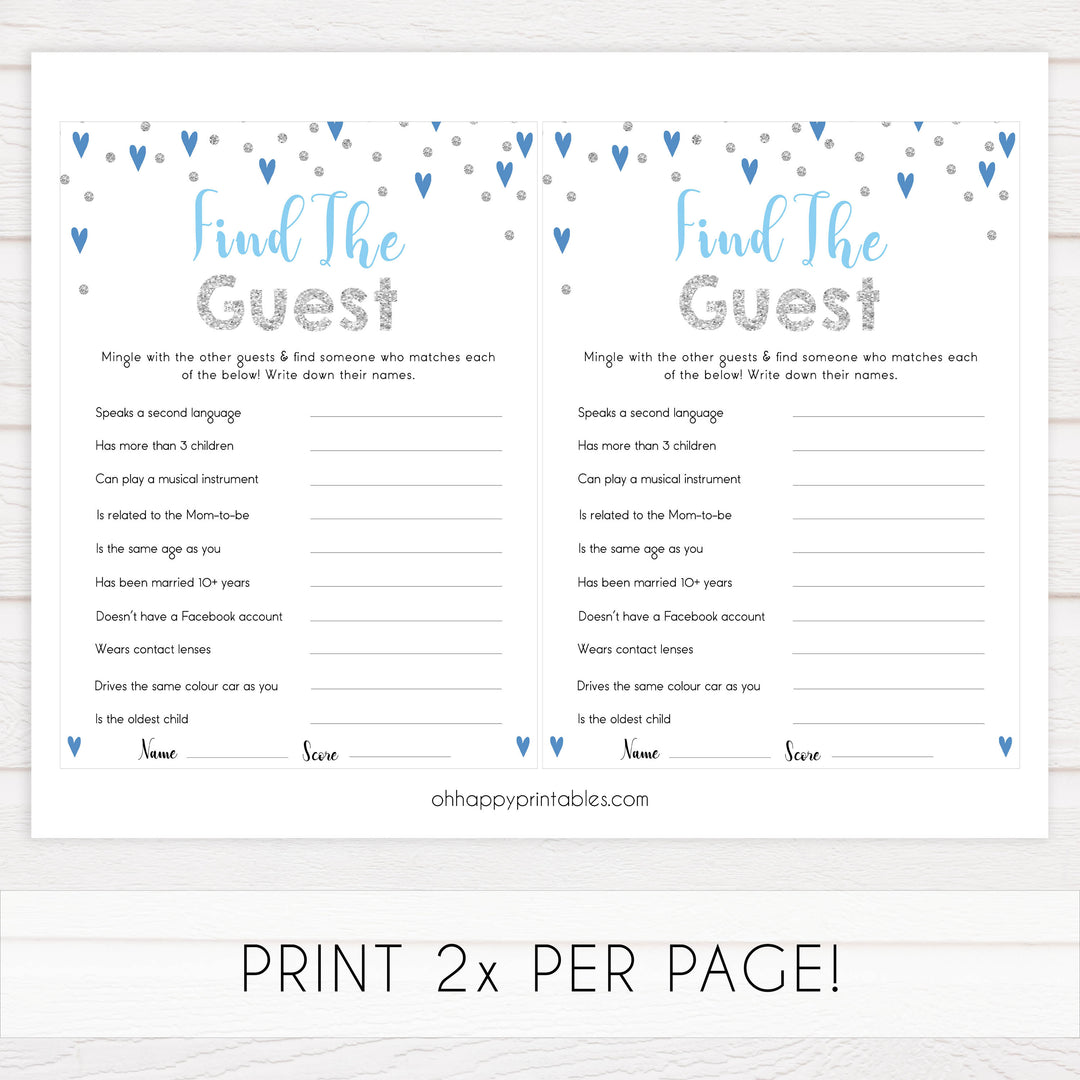 find the guest baby game, Printable baby shower games, small blue hearts fun baby games, baby shower games, fun baby shower ideas, top baby shower ideas, silver baby shower, blue hearts baby shower ideas