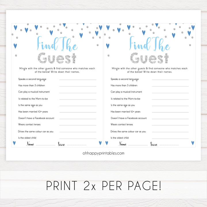 find the guest baby game, Printable baby shower games, small blue hearts fun baby games, baby shower games, fun baby shower ideas, top baby shower ideas, silver baby shower, blue hearts baby shower ideas