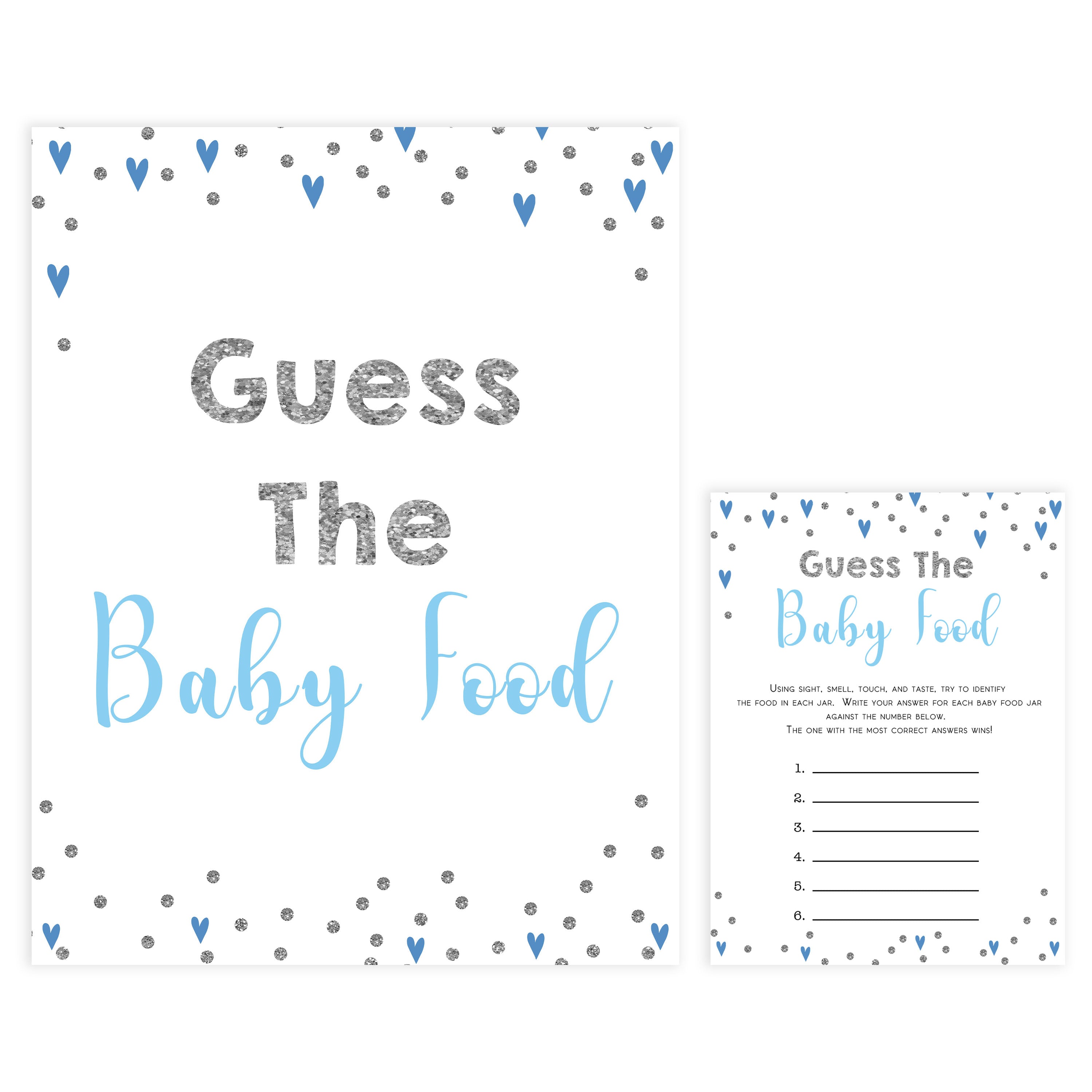 guess the baby food game, Printable baby shower games, small blue hearts fun baby games, baby shower games, fun baby shower ideas, top baby shower ideas, silver baby shower, blue hearts baby shower ideas