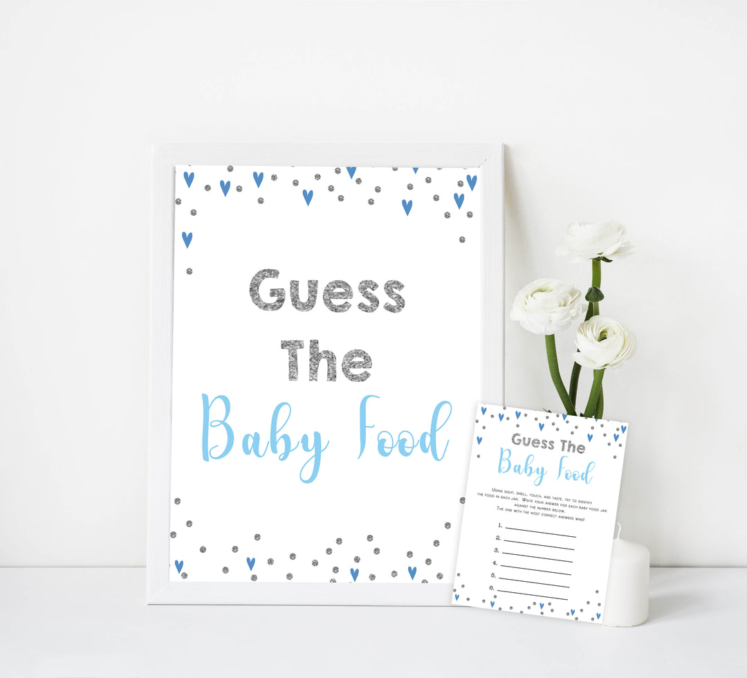 guess the baby food game, Printable baby shower games, small blue hearts fun baby games, baby shower games, fun baby shower ideas, top baby shower ideas, silver baby shower, blue hearts baby shower ideas