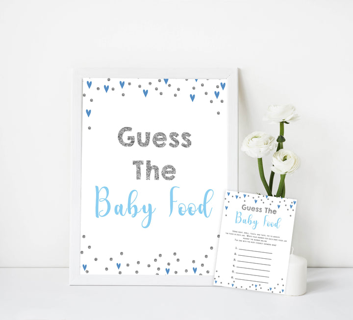 guess the baby food game, Printable baby shower games, small blue hearts fun baby games, baby shower games, fun baby shower ideas, top baby shower ideas, silver baby shower, blue hearts baby shower ideas