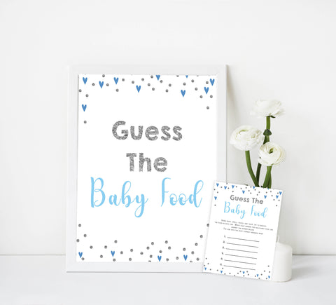 guess the baby food game, Printable baby shower games, small blue hearts fun baby games, baby shower games, fun baby shower ideas, top baby shower ideas, silver baby shower, blue hearts baby shower ideas