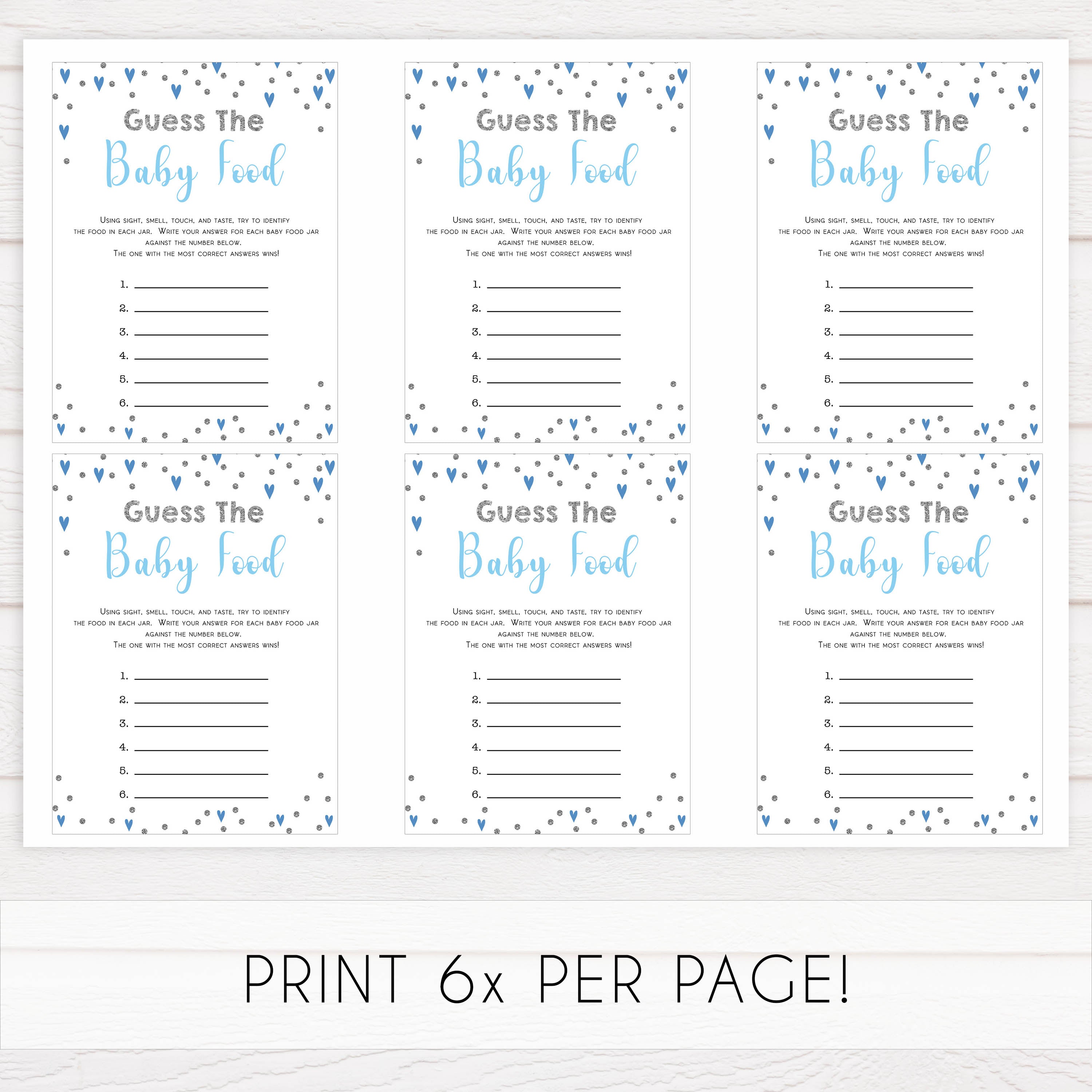 guess the baby food game, Printable baby shower games, small blue hearts fun baby games, baby shower games, fun baby shower ideas, top baby shower ideas, silver baby shower, blue hearts baby shower ideas