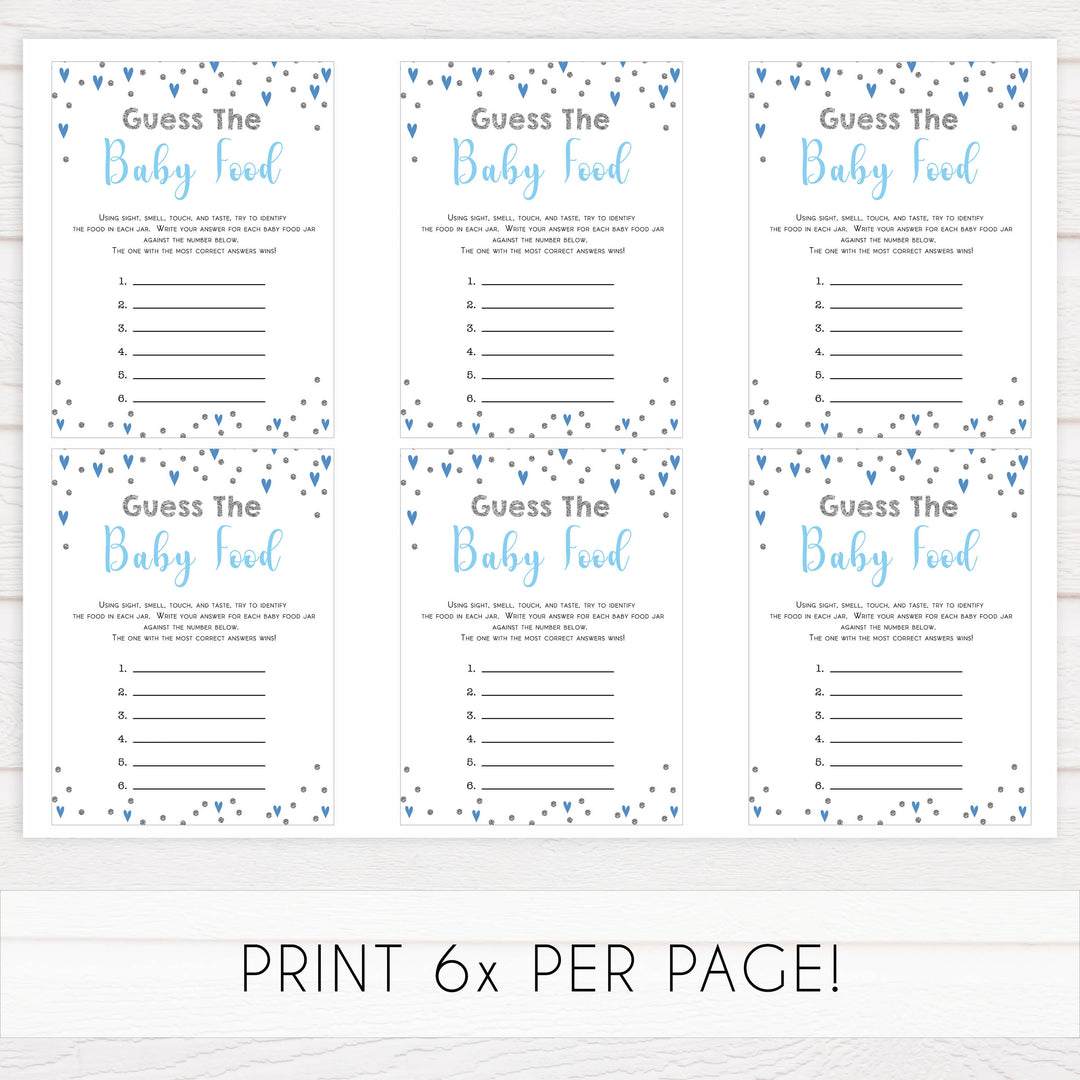 guess the baby food game, Printable baby shower games, small blue hearts fun baby games, baby shower games, fun baby shower ideas, top baby shower ideas, silver baby shower, blue hearts baby shower ideas