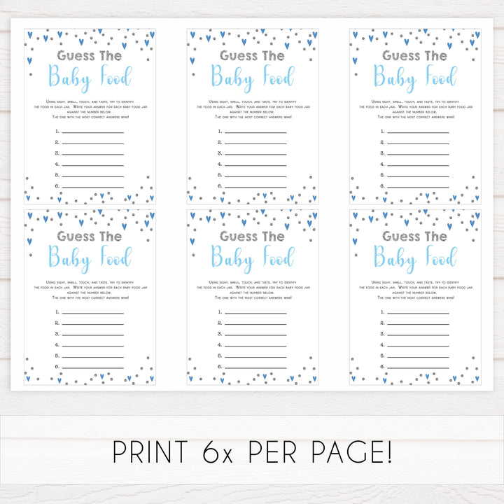 guess the baby food game, Printable baby shower games, small blue hearts fun baby games, baby shower games, fun baby shower ideas, top baby shower ideas, silver baby shower, blue hearts baby shower ideas