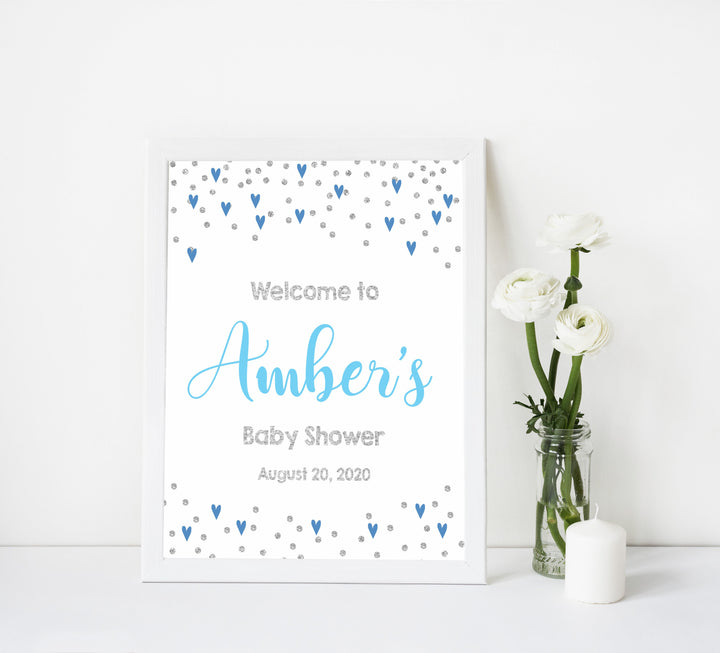 baby welcome sign, blue hearts baby signs, printable baby welcome signs, blue hearts baby decor, baby welcome signs