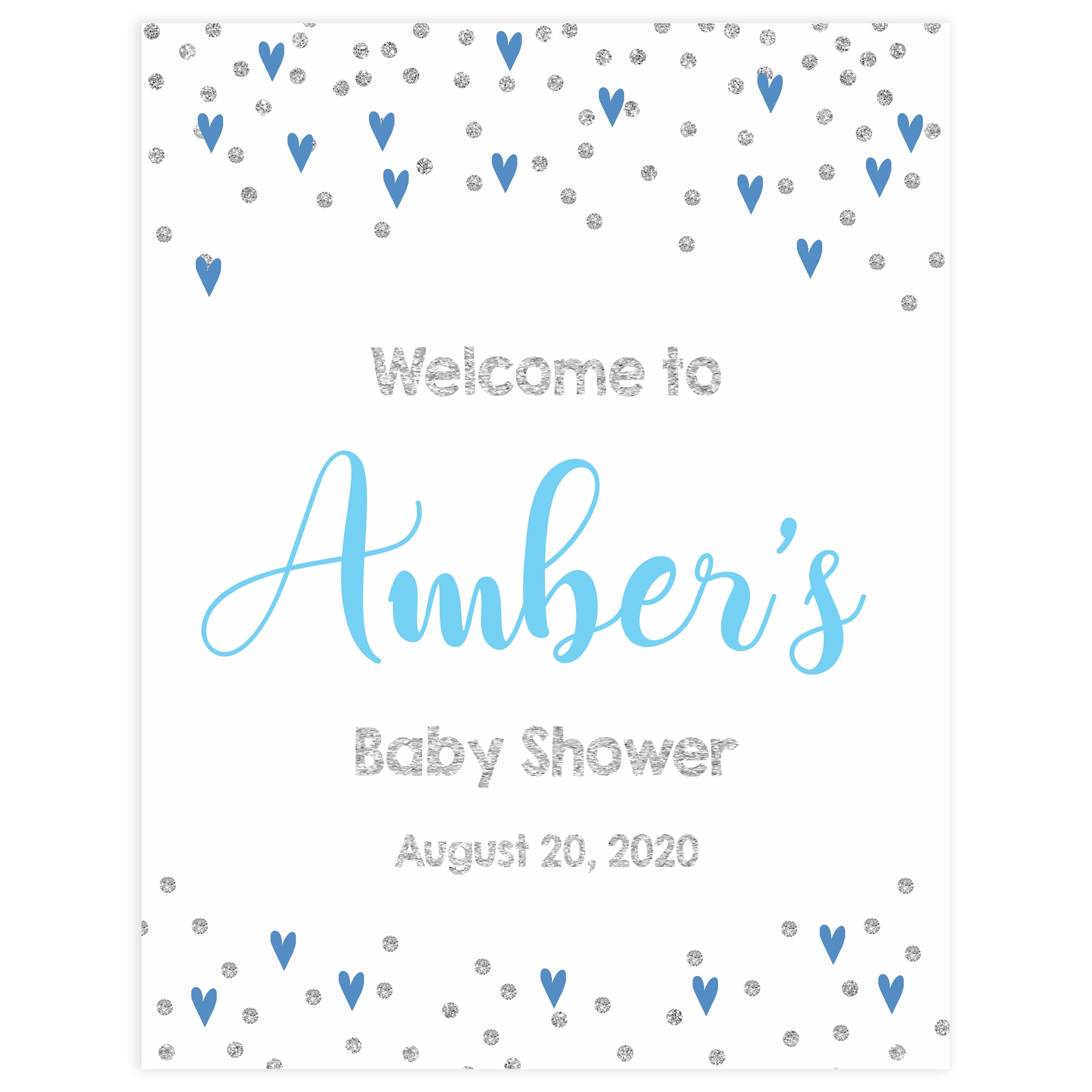 baby welcome sign, blue hearts baby signs, printable baby welcome signs, blue hearts baby decor, baby welcome signs