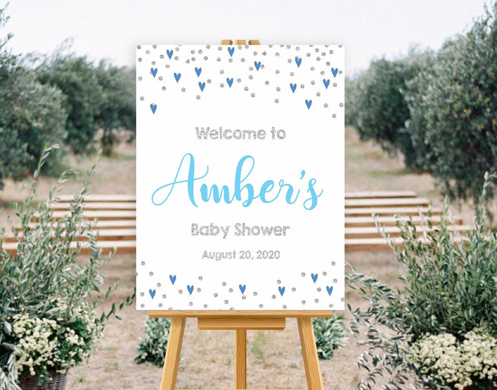 baby welcome sign, blue hearts baby signs, printable baby welcome signs, blue hearts baby decor, baby welcome signs
