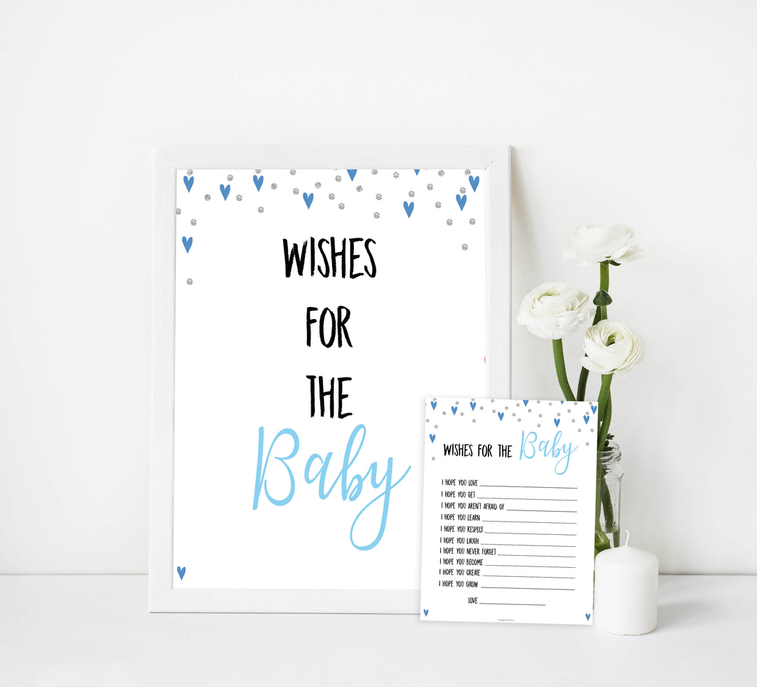 wishes for the baby, Printable baby shower games, small blue hearts fun baby games, baby shower games, fun baby shower ideas, top baby shower ideas, silver baby shower, blue hearts baby shower ideas