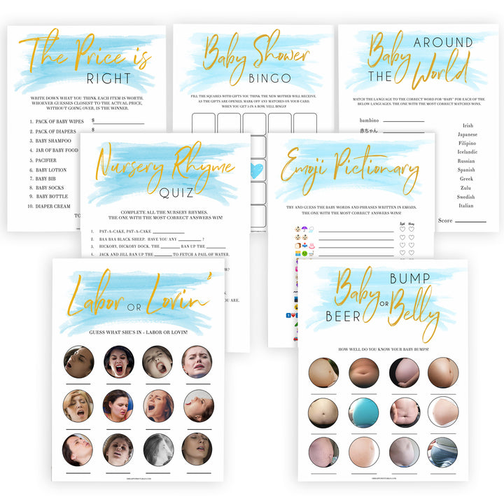 Blue swash, 7 baby games pack, baby games, baby shower games, printable baby games, fun baby games, boy baby shower games, baby games, fun baby shower ideas, baby shower ideas