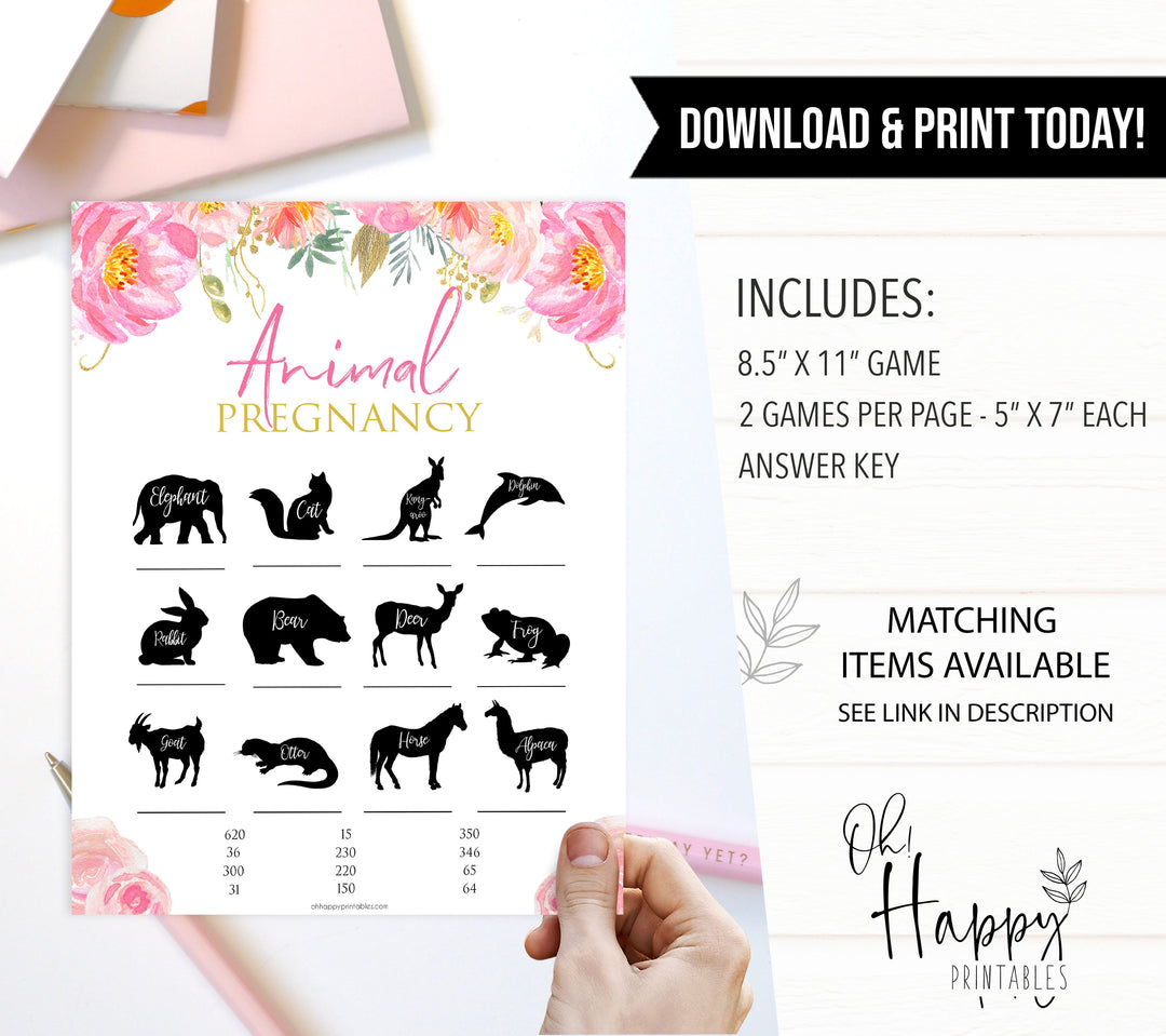 floral pink baby shower games, animal pregnancy baby games, baby shower games, printable baby shower games, fun baby shower games