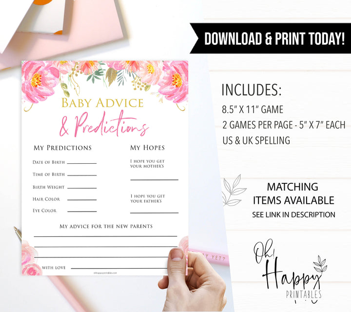 Pink floral baby advice baby shower games, printable baby shower games, fun baby shower games, baby predictions games, popular baby games