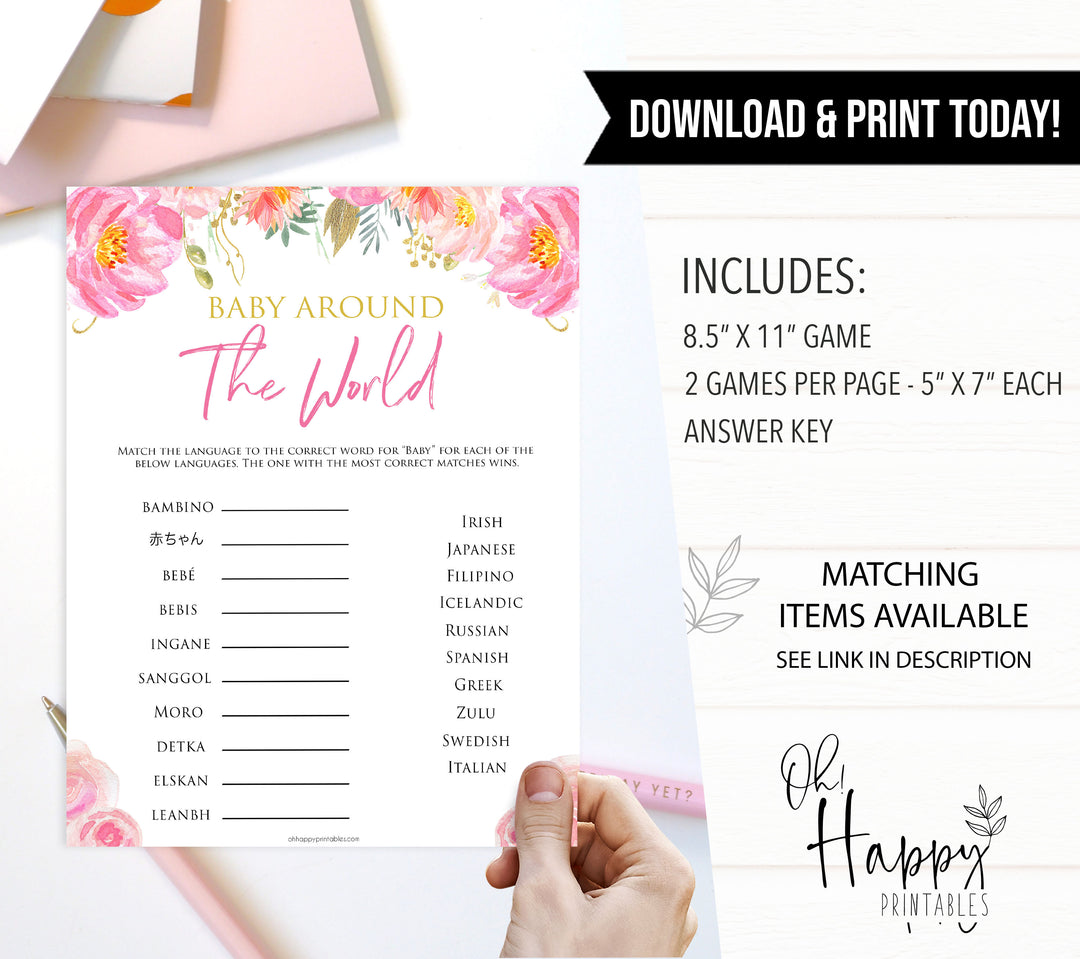 baby around the world floral blush baby shower games, printable baby shower games, fun baby shower games, popular baby shower games